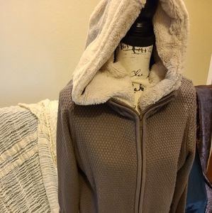 Light brown sweater coat with cream fuzzy hood